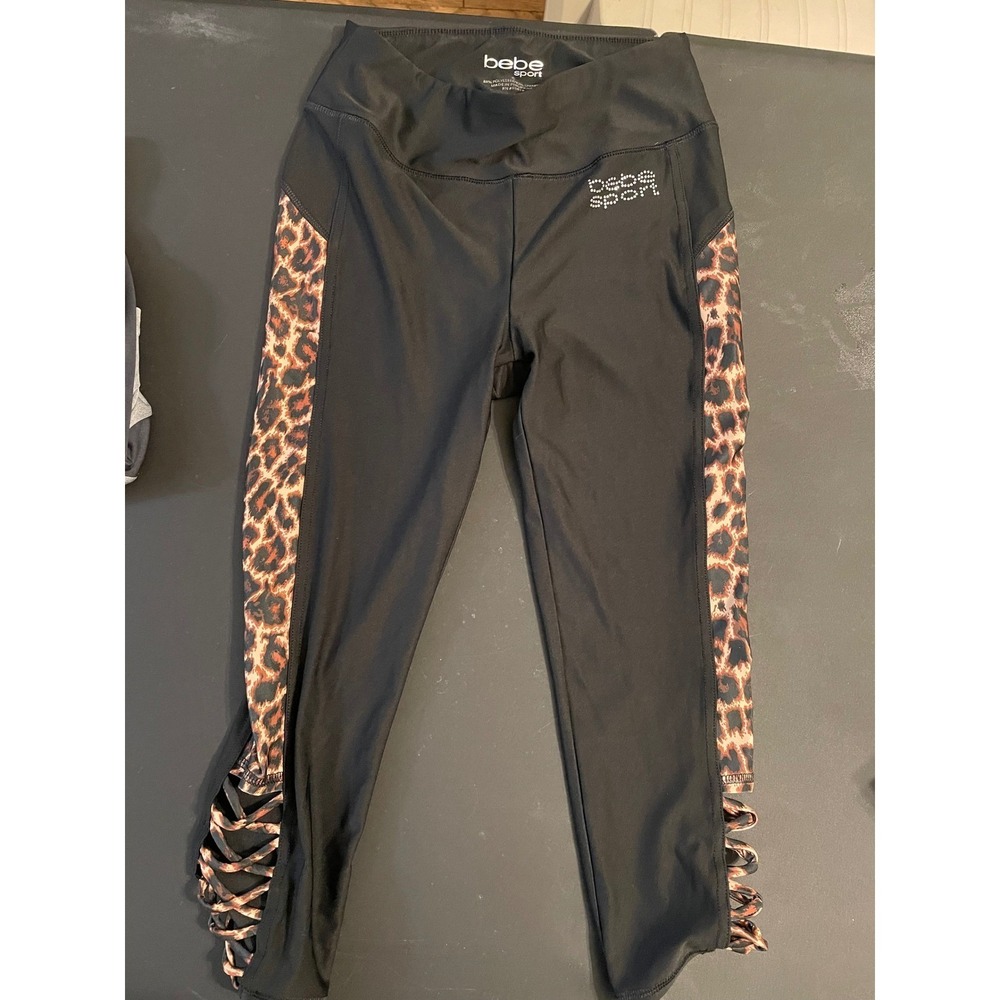 Bebe Sport Black Leopard Print Lace Up Leggings Athletic Workout Pants Womens S